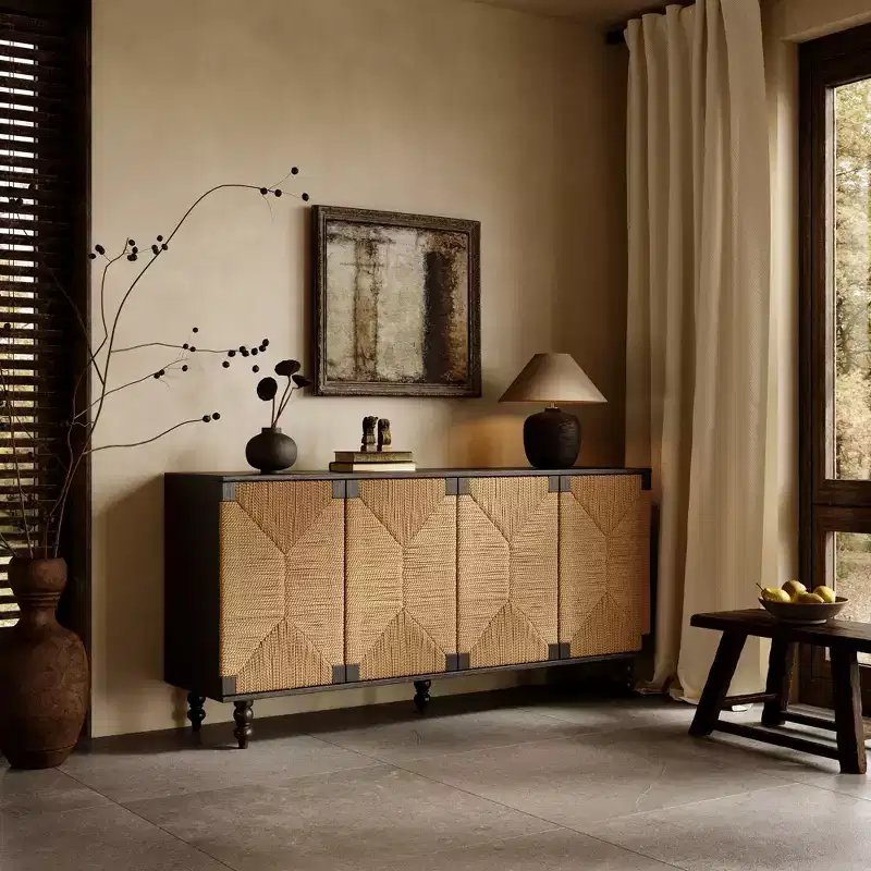 Natural Accent Sideboard Buffet Cabinet, Wood TV Stand with Handwoven Seagrass Doors, Black Woodgrain Finish