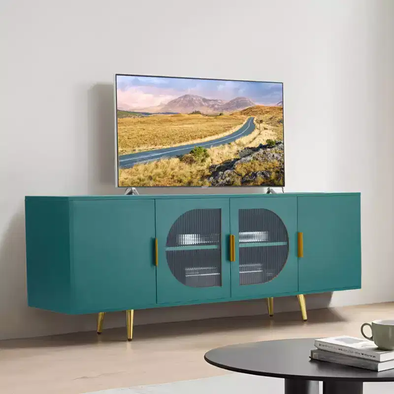VEVOR TV Stand for TVs up to 75 inch, Modern Entertainment Center with Glass Doors and Gold Legs, TV Cabinet Storage with Adjustable Shelves, Green