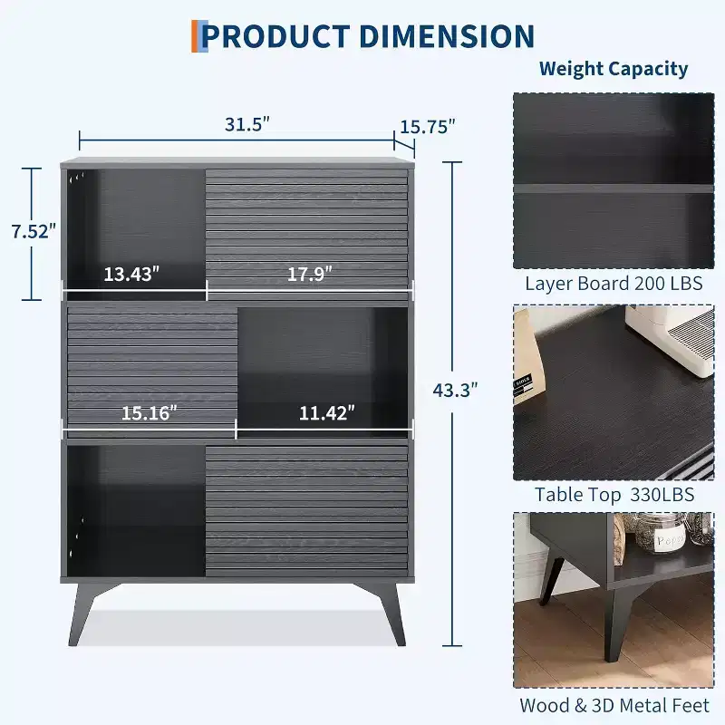 Storage Cabinet w/Sliding Doors - 3-Tier Adjustable Shelf Organizer for Living Room & Kitchen