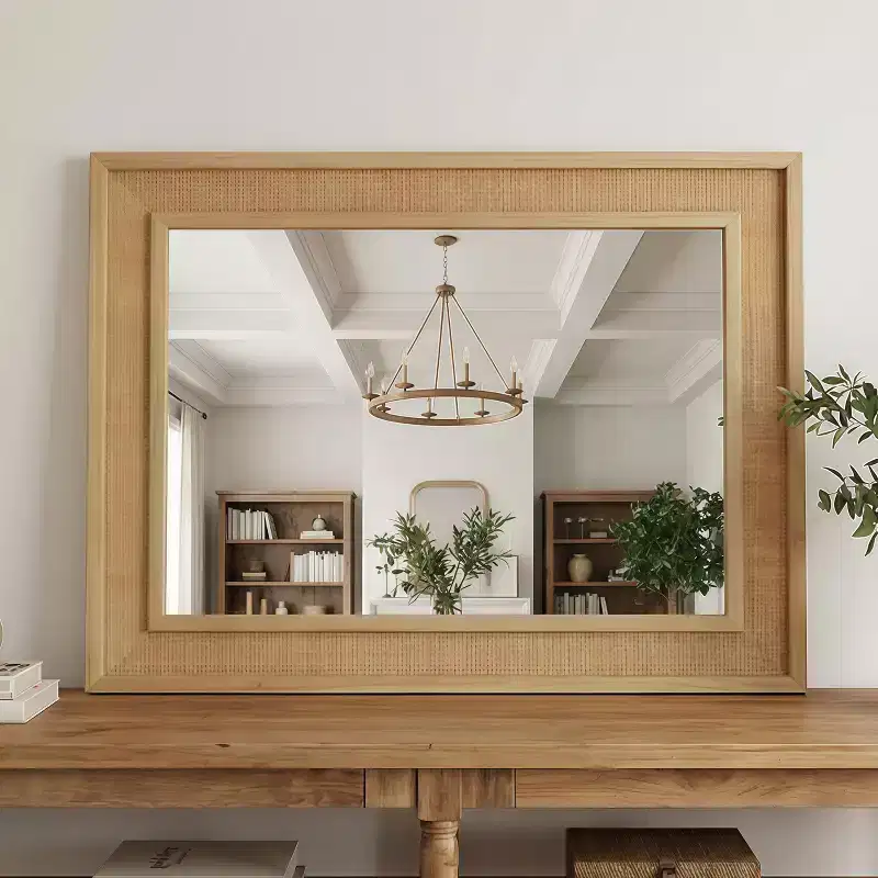 Rattan Rectangle Solid Wood Frame Decorative Mirror,For Farmhouse,Bathroom,Home Decor,Entryway