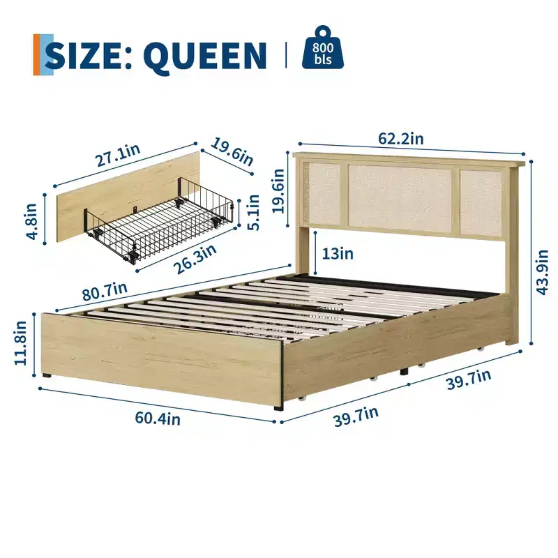Bed Frame with Natural Rattan Headboard, 4 Storage Drawers, Slats, Bohemian-Style Cane Mattress Support, Strong Metal Base with Resilient Wooden