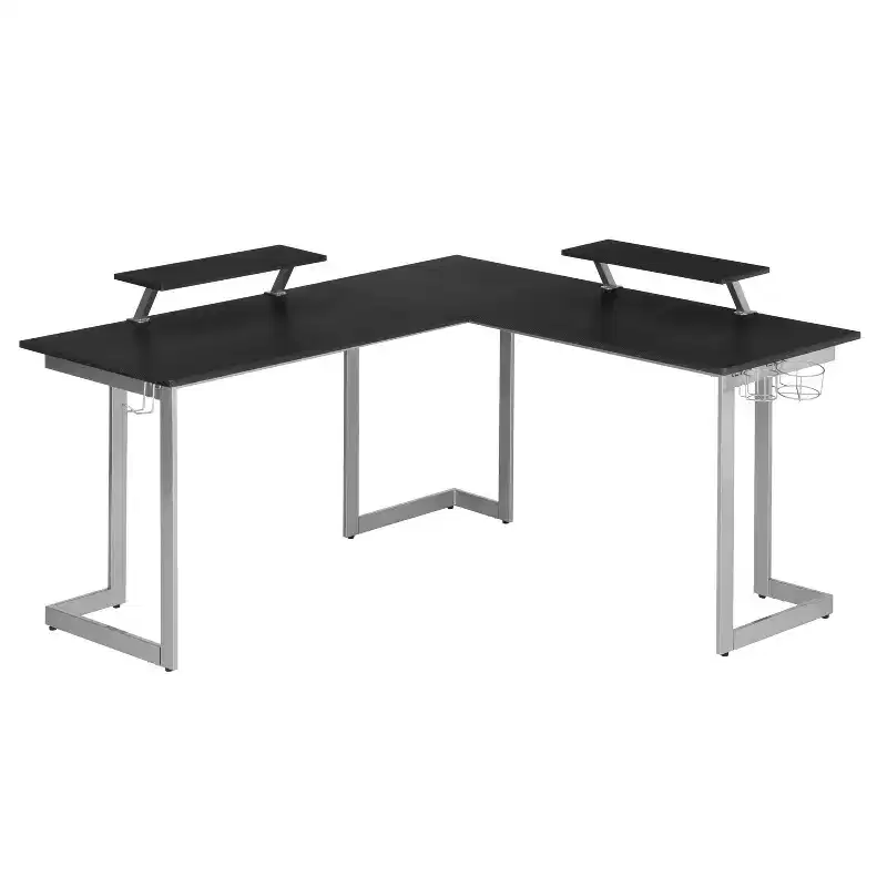 Black Carbon Fiber L-Shaped Gaming Desk with Monitor Shelves, 2-Person