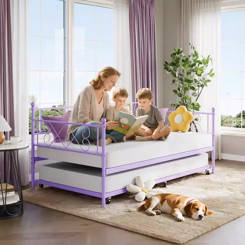 Daybed with Trundle, Trundle Bed Twin with Heart-shaped Headboard for Kids, Sturdy Metal Day Bed with Steel Slat Support, Twin Daybed Purple