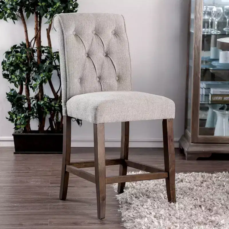 2pk Brandta Button Tufted Counter Height Barstool Beige/Rustic Oak - HOMES: Inside + Out: Upholstered, Wood Legs, Fixed Seat