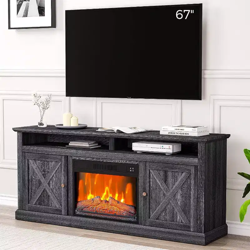 Fireplace Tv Stand for Tvs Up to 67 with 23 Insert Fireplace,Farmhouse 67 Fireplace Entertainment Center with Adjustable Color,Storage Cabinets
