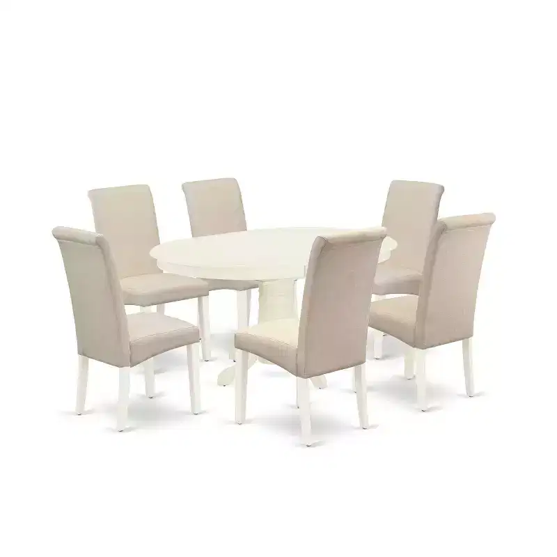 HomeStock 7-Piece Oval Linen White Finish Solid Wood Top Dining Table with 6 Parson-Chairs with Butterfly Leaf