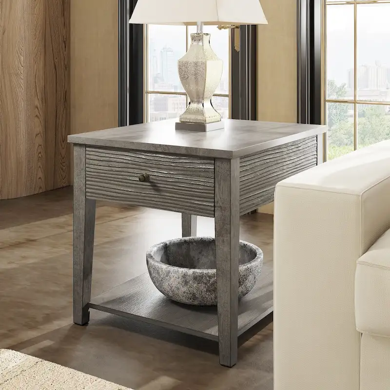 Antique Grey Finish Grey Fiber Cement End Table with Shelf
