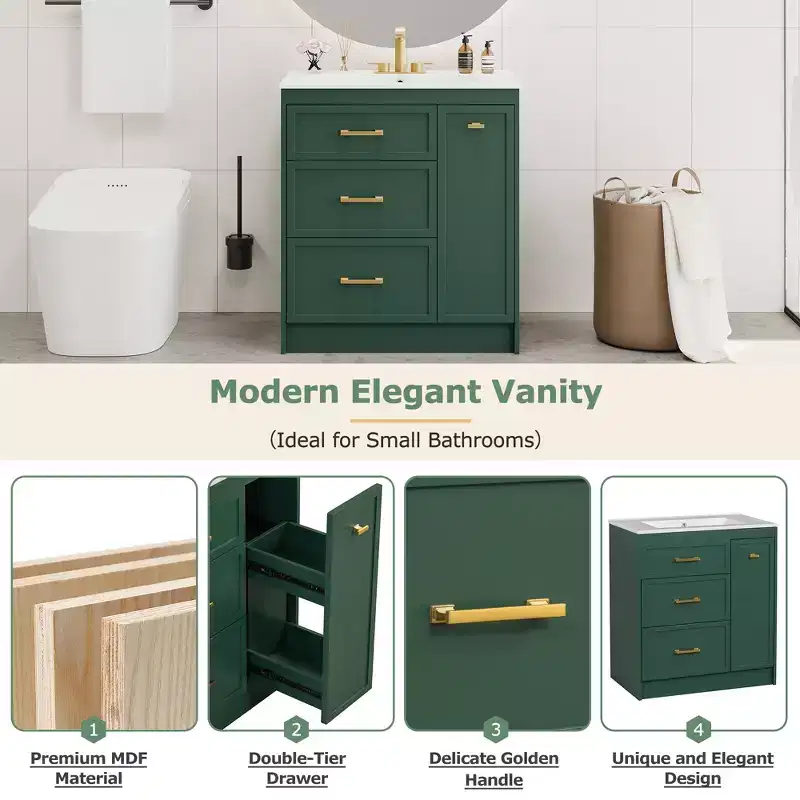 Freestanding Bathroom Vanity with Single Sink & 3 Drawers – Green