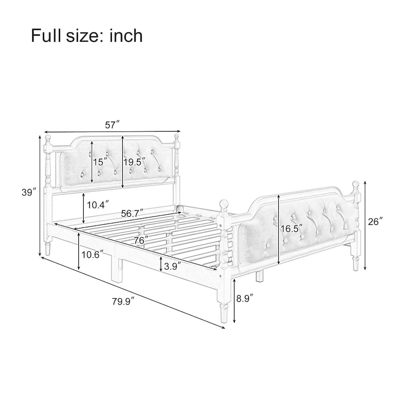 Solid Wood Bed Frame with Upholstered Tufted Headboard – No Box Spring Needed