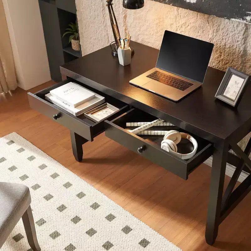 TUYOHW Wooden Home Office Desk,Wooden Knob Handles Writing Table with Two Drawers,X-Brace Leg Frame,Floating Computer Desk for Office,Study,Bedroom