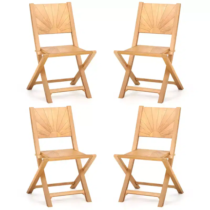 Costway 4 PCS Folding Patio Chairs w/ Inclined Backrest Teak Wood Outdoor Dining Chairs