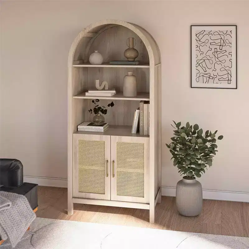 Bohemian Arched Display Cabinet with 2 Faux Rattan Doors, 5 Adjustable Shelves for Living Room, Kitchen, Beige