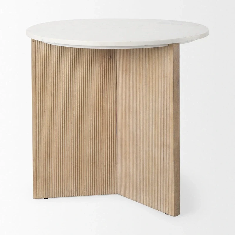 White Marble w/ Fluted Light Brown Solid Wood Round Accent Table