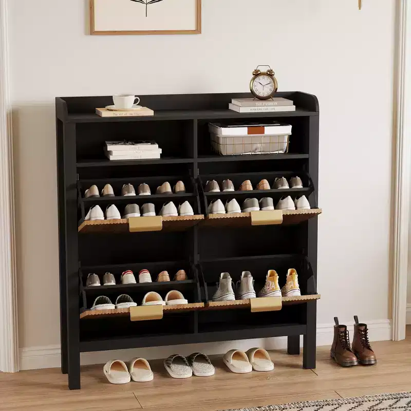 Shoe Storage Cabinet with 4 Flip Drawers, Freestanding Hidden Shoe Rack Organizer, Slim Fluted Shoe Organizer Cabinet for Living Room Bedroom Hallway