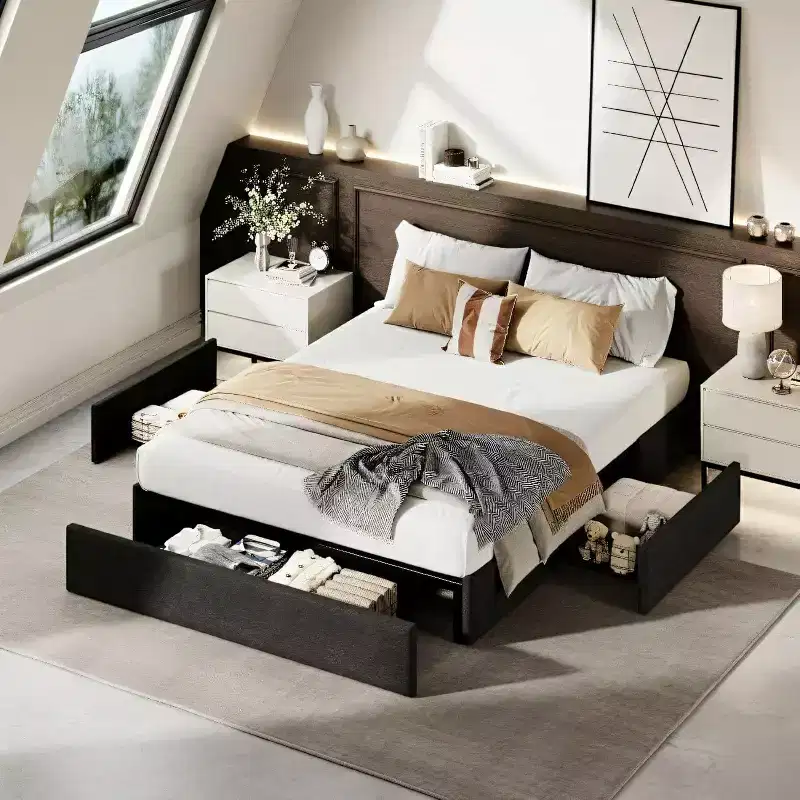 Acekool Platform Bed Frame with 3 Storage Drawers, Wood Slats, No Box Spring, Modern Linen Upholstery