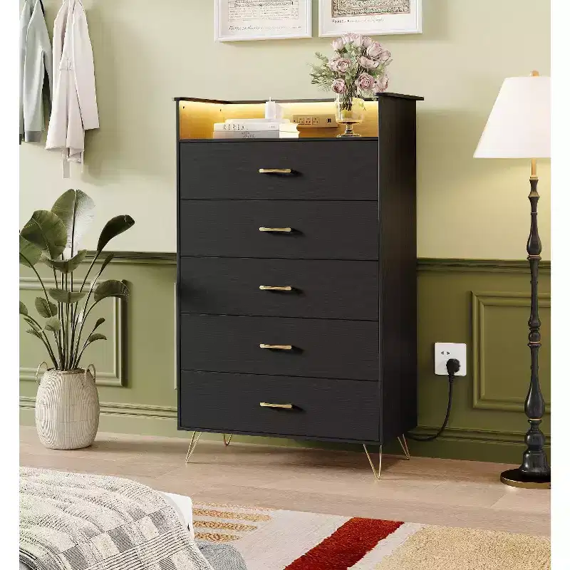 5-Drawer Smart Dresser with RGB LED & Charging, App-Controlled Storage Chest for Bedroom & Living Room