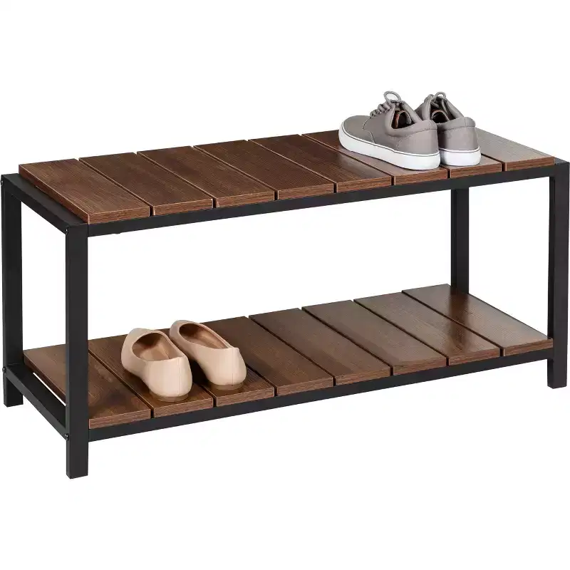 2 Tier Shoe Storage Bench Walnut: Shoe Rack Bench, Holds 8 Pairs, Ground Freestanding, Particle Board Frame