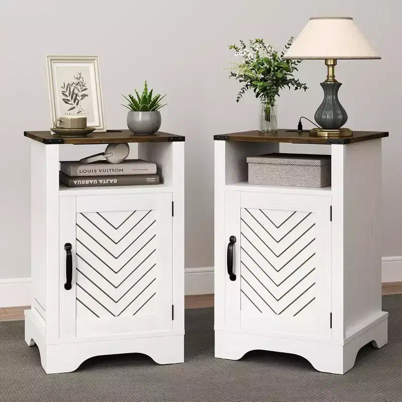 RoyalCraft Farmhouse Nightstand with Charging Station, Rustic End Table with Shelf & Storage for Bedroom or Home Office, Set of 2, White & Rustic Oak