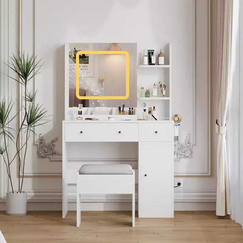 Vanity Desk with Sliding Mirror, Makeup Desk and Stool with Lights in 3 Colors, Girls Vanity Table with Charging Station for Bedroom