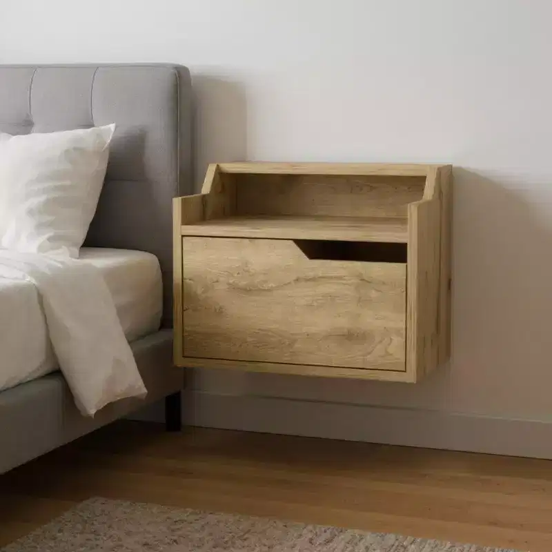 13 Beige Wood One Drawer Floating Nightstand
