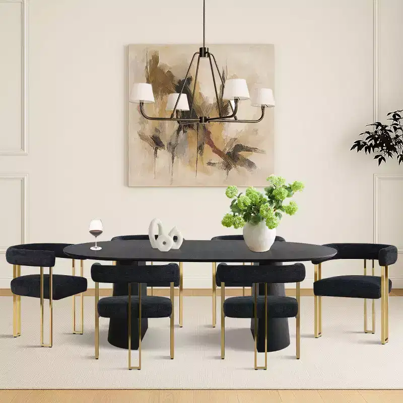 3-in-1 Oval Extendable Dining Table Set with Chenille Upholstered Chairs Featuring Gold Metal Legs, Versatile Dining Furniture-Panipeachy