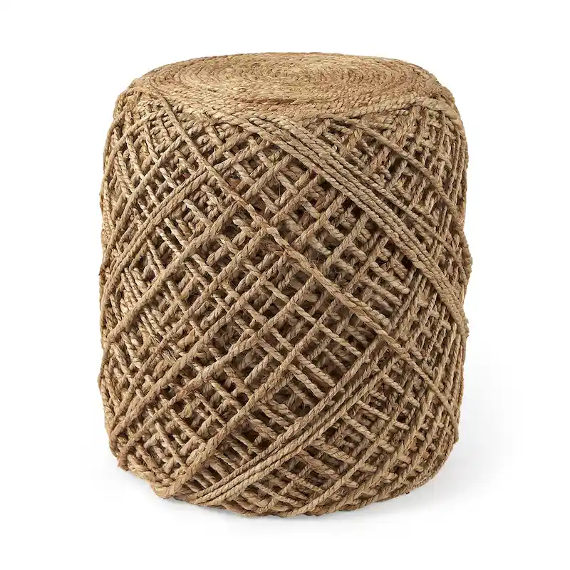 Handwoven Brown Wool Round Pouf with Diamond Weave Pattern