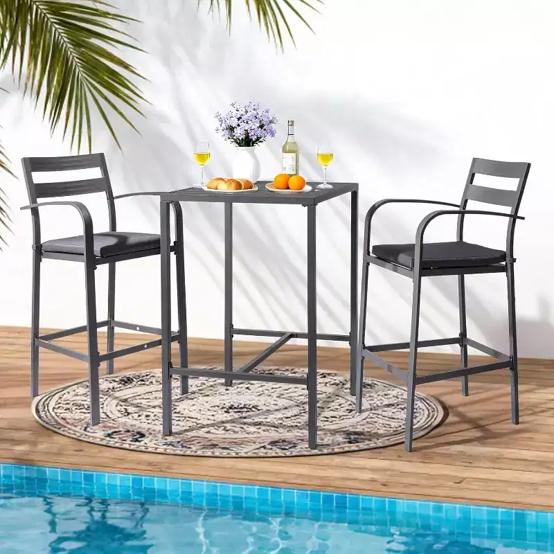 VINGLI 3-Piece Outdoor Bar Set, Aluminum Bar Height Table & 2 Chairs with Cushions, Counter Height Patio Furniture for Backyard, Poolside