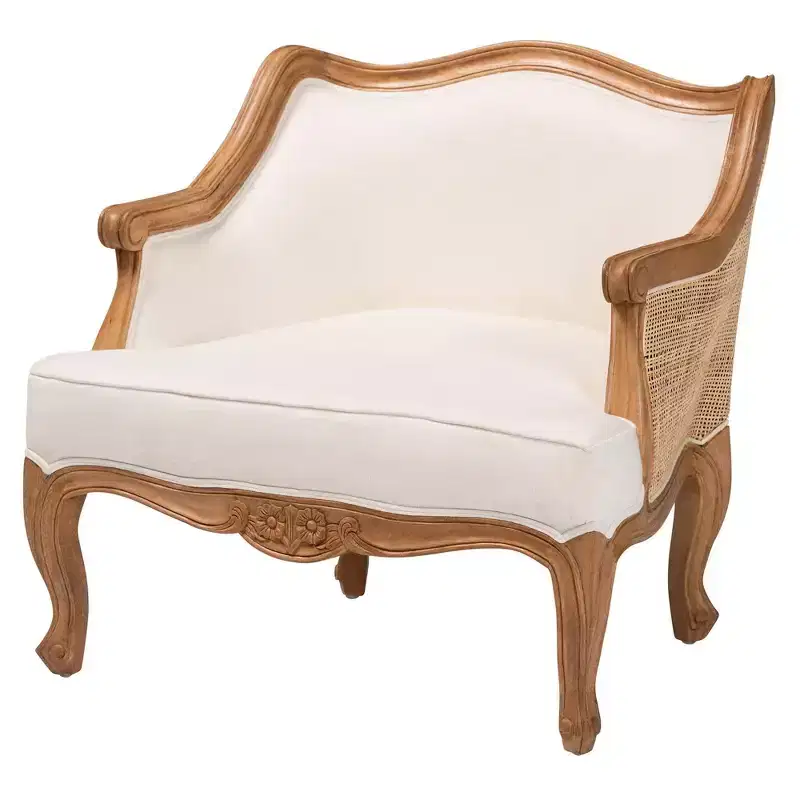 French-Inspired Accent Chair – Bayur Wood, Rattan, Foam Padded, No Assembly