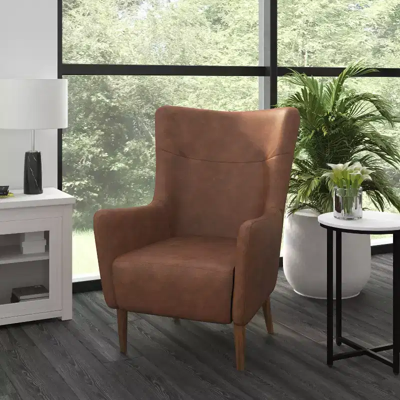 Traditional Wingback Accent Chair - Faux Leather, Wooden Frame