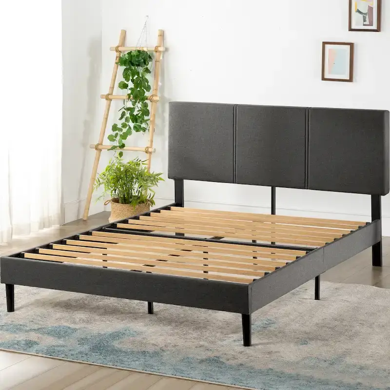 Grey Upholstered Platform Bed Frame with Foam Headboard – 700 lbs