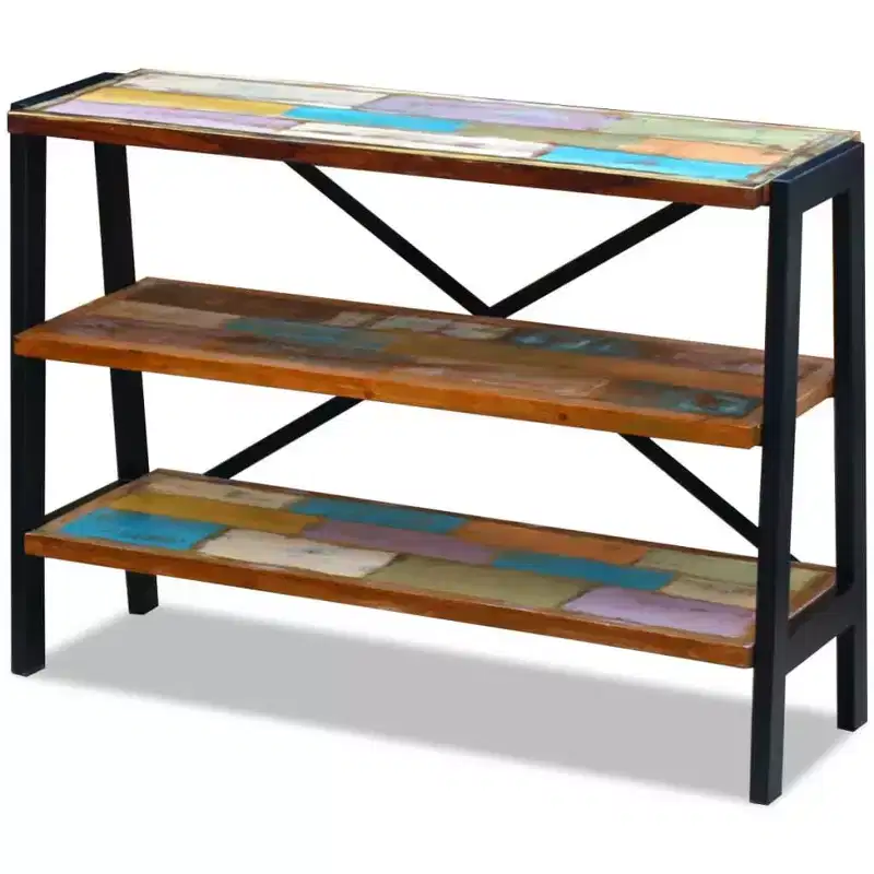 Solid Reclaimed Wood Sideboard with Steel Frame, Handmade Vintage-Style Side Table with Three Shelves, Multicolor