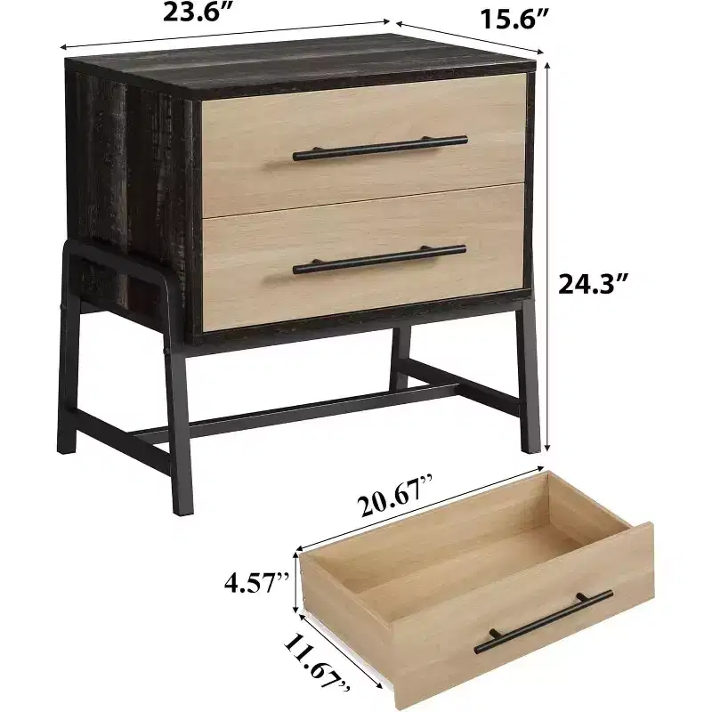 Mid Century Modern Nightstand with Unique Shape, Extended Drawer Handles, 2 Drawers & Metal Legs, Light Wood Side Table for Bedroom or Living Room