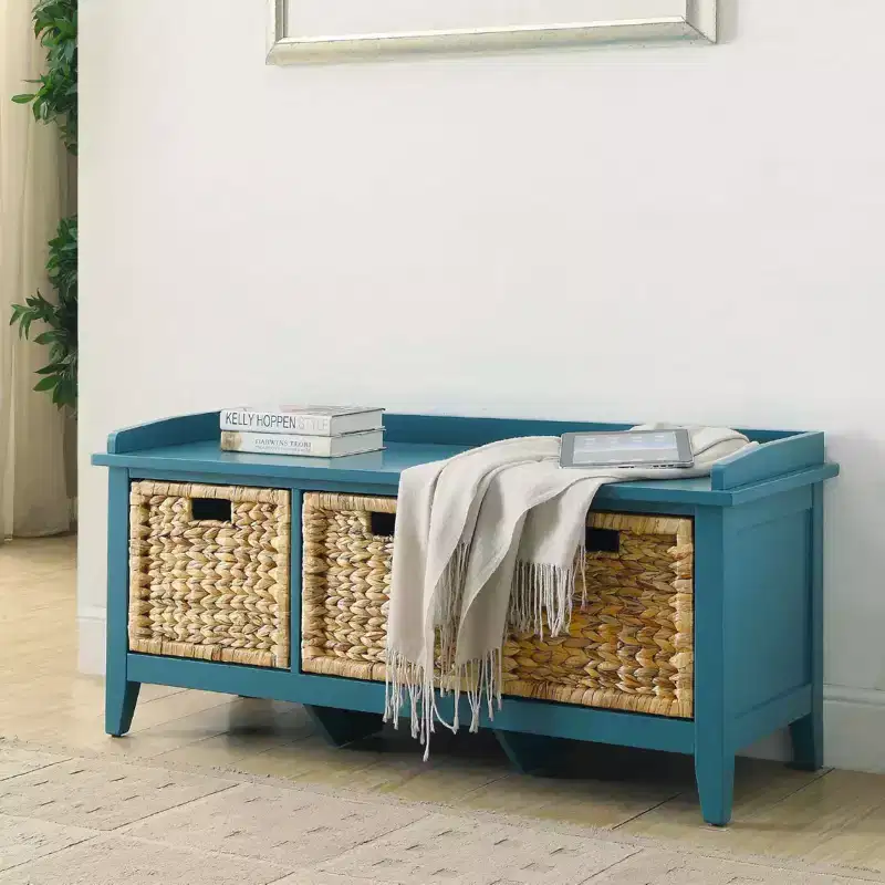 Simple Relax Wooden Bench with 3 Drawers in Rattan and Teal