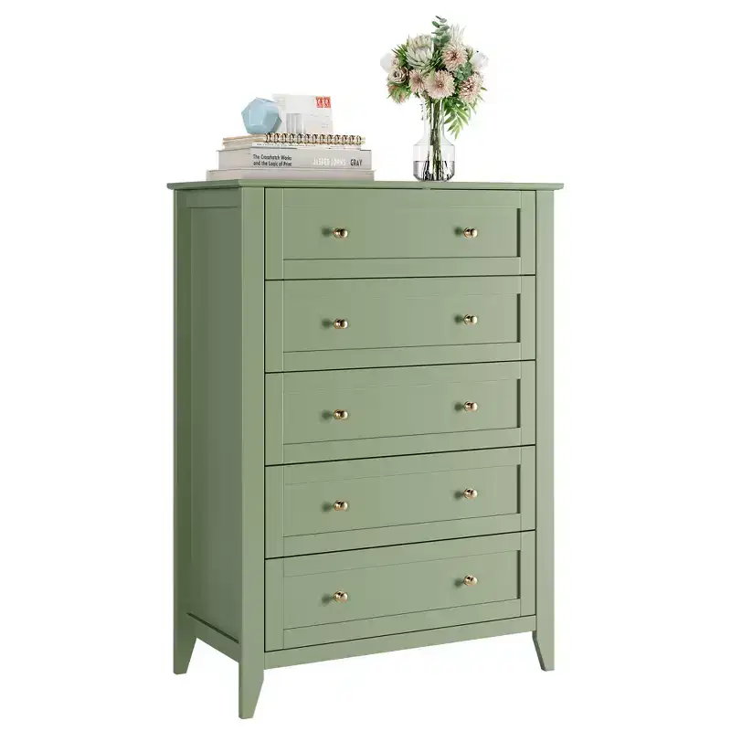 5-Drawer 42.5-Inch Tall Dresser for Bedroom, Wooden Storage Cabinet with 11.9-Inch Deep Drawers & Gold Metal Knobs, Ideal for Entryway, or Hallway
