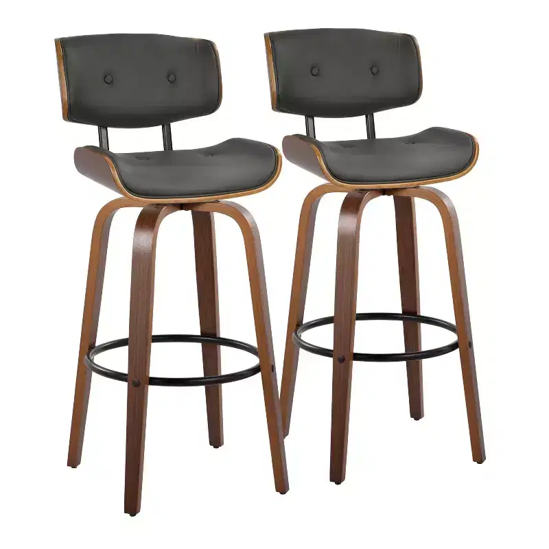 Set of 2 Lombardi Barstools Walnut/Black/Gray PU - LumiSource: Mid-Century Modern, Fixed Height, Footrest