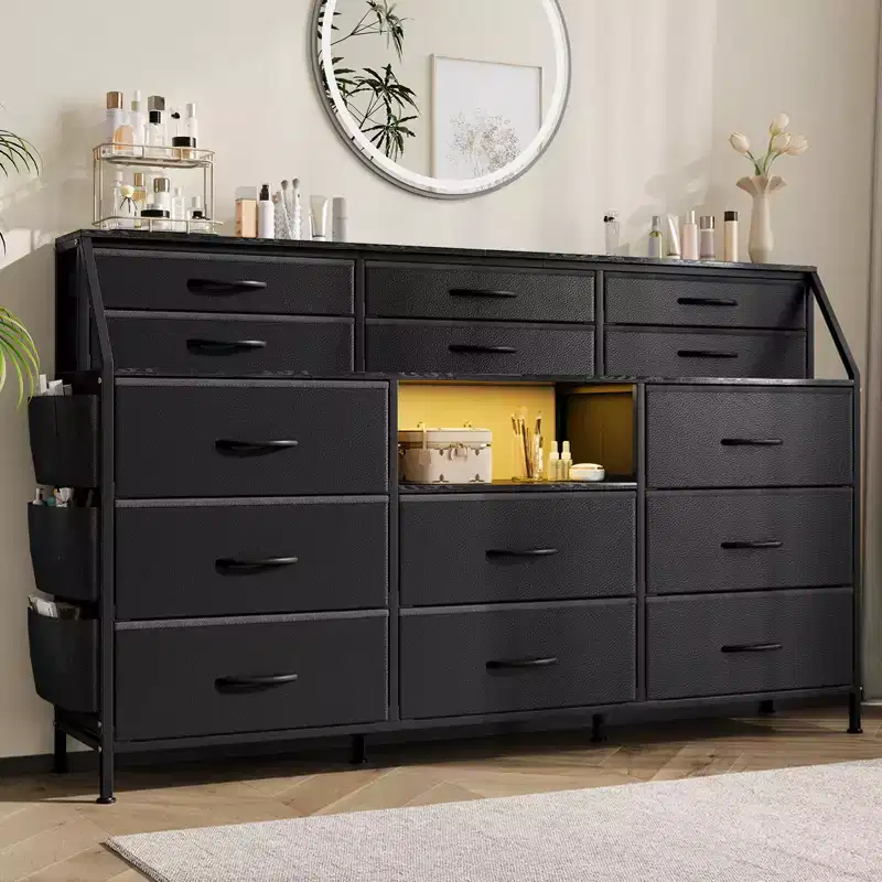 Black/White Dresser for Bedroom, 55 Wide Modern Dresser TV Stand with 14 Fabric Drawers, Large Clothing Storage Cabinet, Drawers Organizer