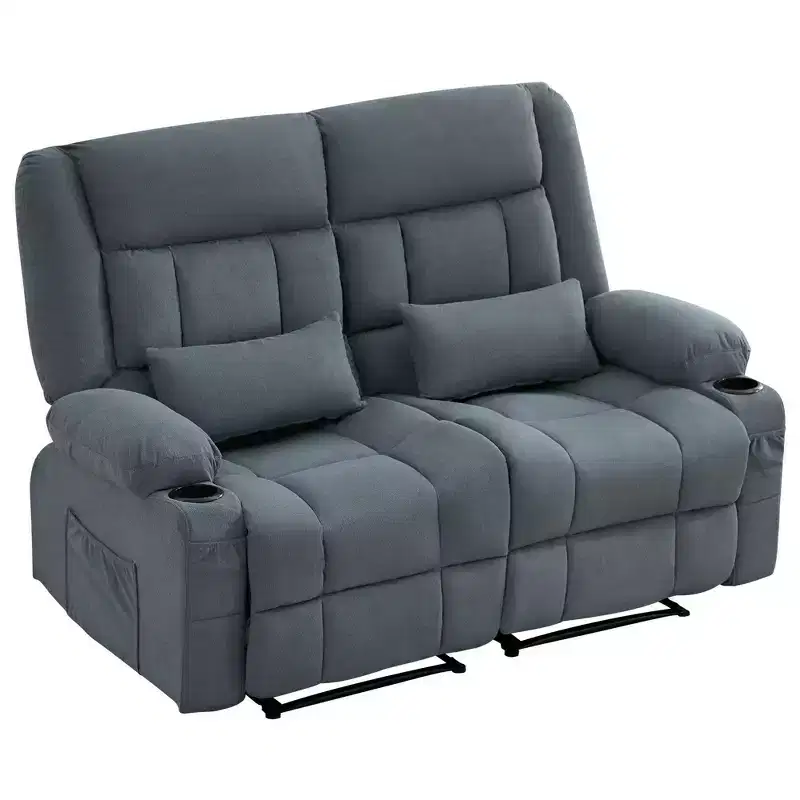 AndMakers 61.81 in. Wide Pillow Top Arm Fabric Rectangle Reclining Sofa with Cupholders