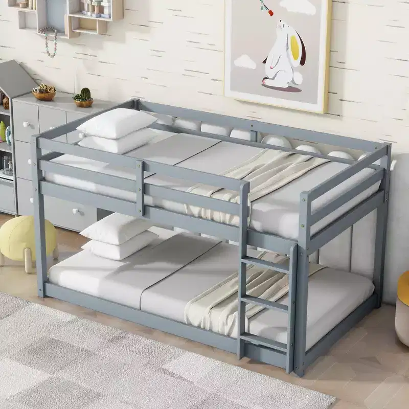 Solid Wooden, Twin Floor Bunk Bed wit Ladder, Upper and Bottom Bed Platforms Crafted with Stregthened Slats Gray
