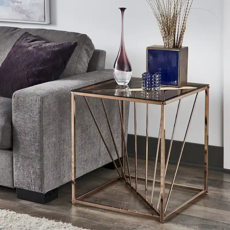 Square Smoky Glass Top End Table with Metal Frame, 21
