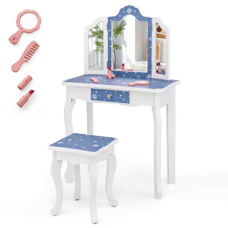 Costway Kids Vanity Table & Stool Set with Cute Polka Dot Print Tri-folding Mirror Drawer Pink&White/Light Pink&White/Pink&Black/Blue/Pink
