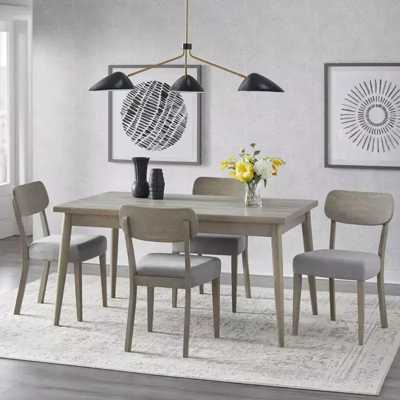 Lifestorey 5pc Carlisle Solid Wood Dining Set Light Gray: Mid-Century Modern, Rubberwood, Polyester Upholstery, Foam Fill