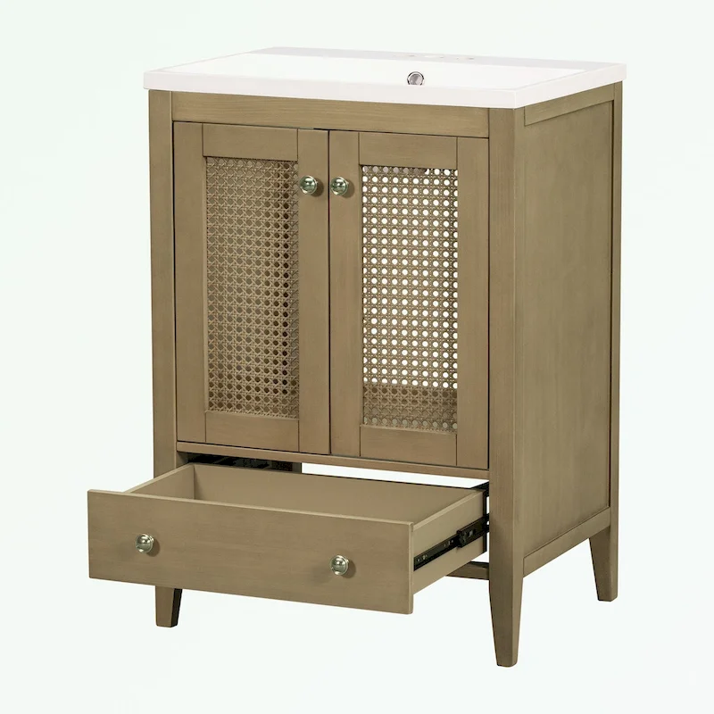Bathroom Vanity with Ceramic Basin, Two Rattan Doors