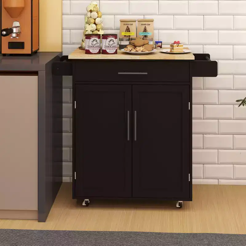 TUYOHW Kitchen Island Cart with Rubber Wood Top,Rolling Kitchen Island with Drawer,Adjustable Shelves,Towel Spice Racks for Kitchen,Dining Room
