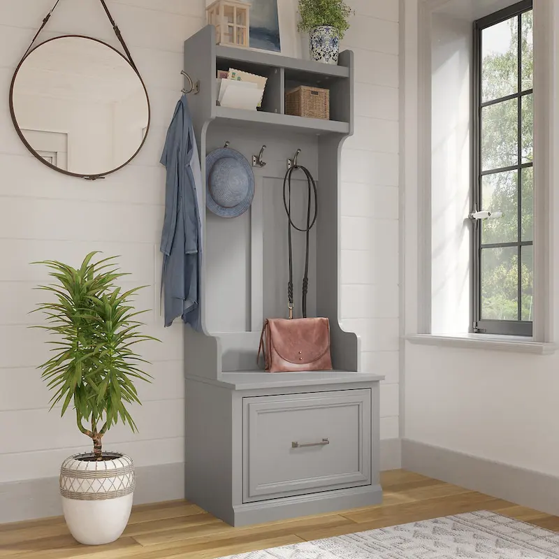 Entryway Hall Tree with Shoe Bench, Coat Hooks & Full-Extension Drawer