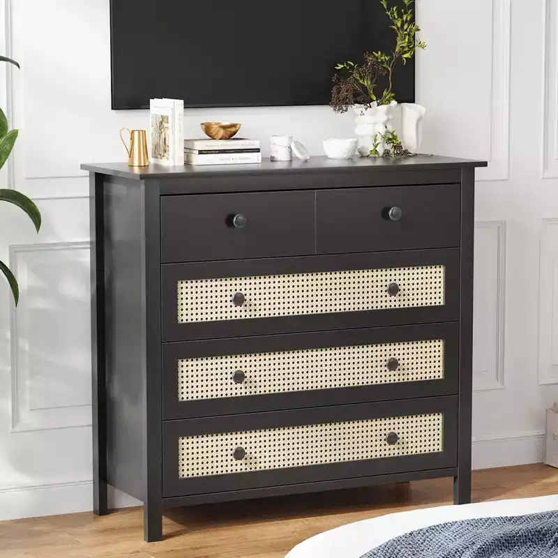 4-Drawer Sideboard, Modern Rattan Design with Wooden Storage Compartments, Ideal for Living Room, Entryways, Console Tables, Black