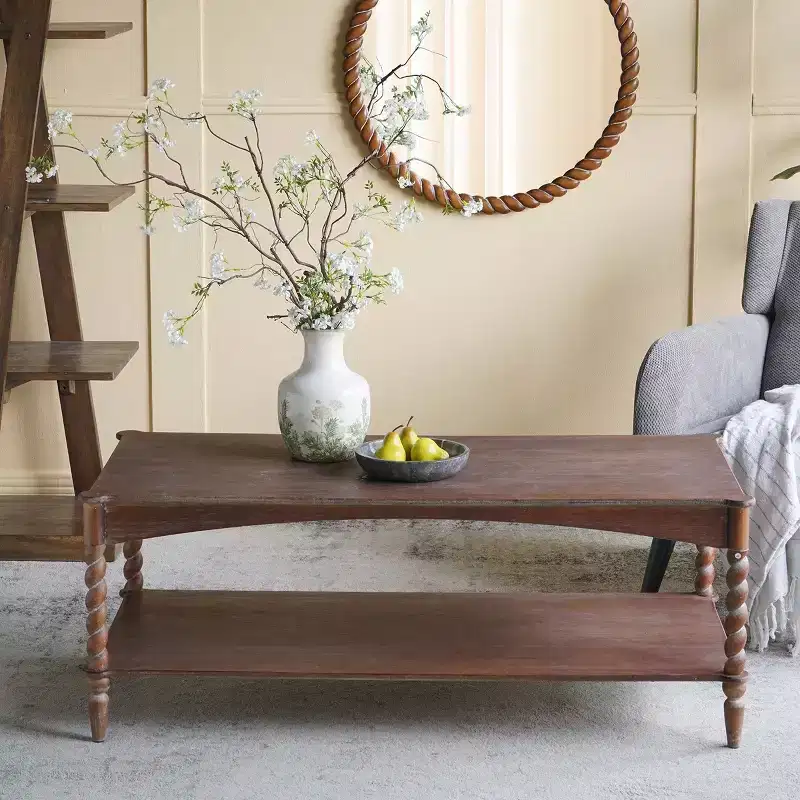 GDFStudio Ottilia Rustic Wood Coffee Table with Turned Spiral Legs and Lower Shelf