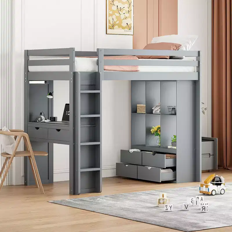 Twin/Full Size Loft Bed with Large Shelves, Writing Desk and LED Light
