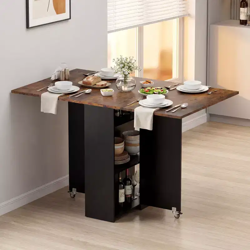 Costway Folding Dining Table w/2 Open Shelves & Drawer 2 Lockable Universal Wheels