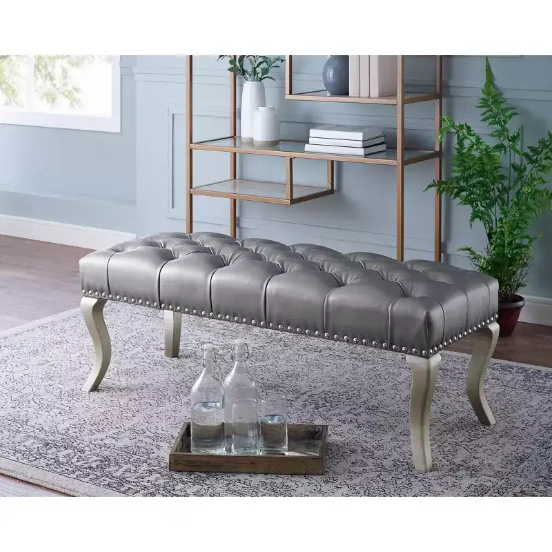 Tufted Faux Leather Upholstered Bench with Nailhead Trim, 48