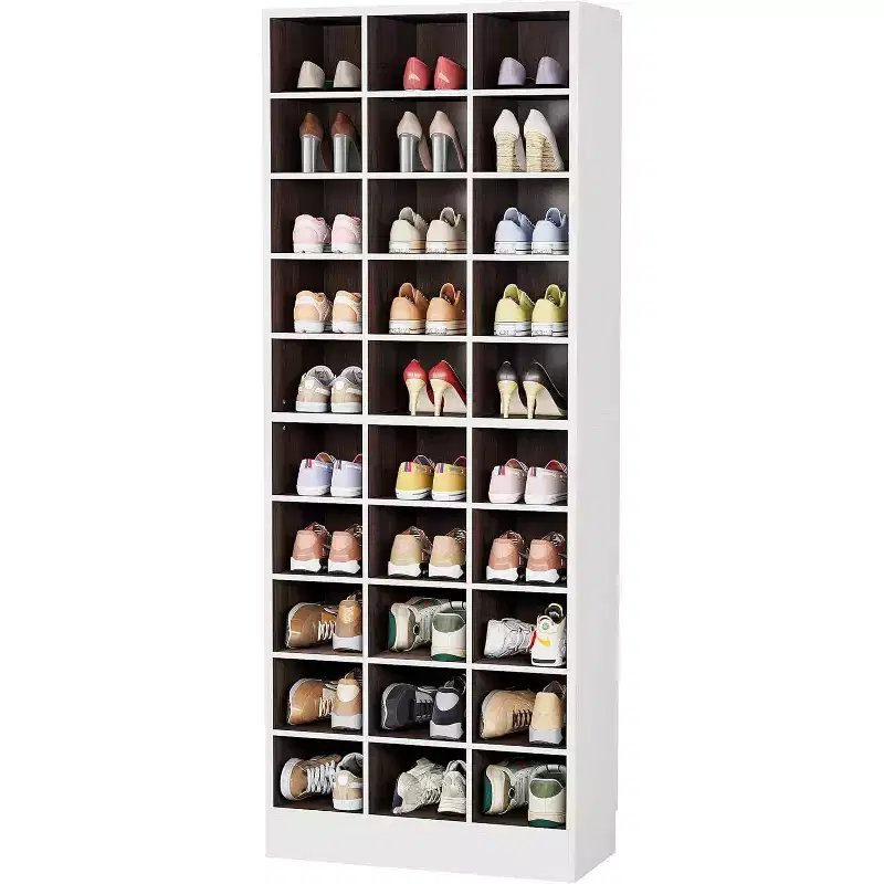 Lantine 10-Tier Shoe Storage Cabinet, White and Brown Wooden Shoe Rack with 30 Cubbies for Closet, Entryway, Living Room